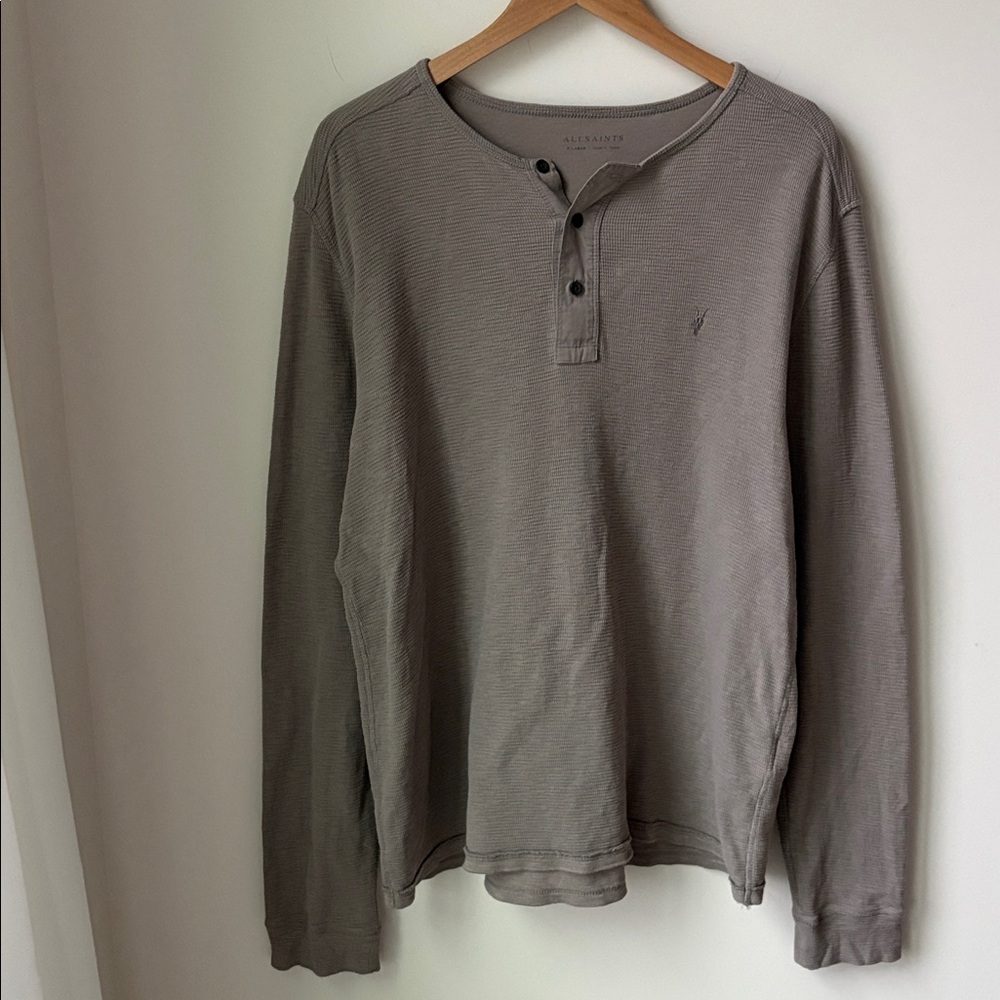 All Saints Muse Long Sleeve Henley Shirt in Grey Taupe Casual Layering Size XL